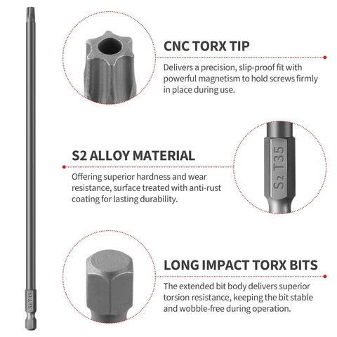 Close-up of Heavy Duty Extra Long Torx Security Bit Set, S2 steel tip, designed for tight jobs, with magnetic hex shank.