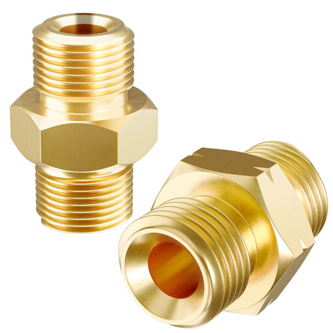 Two brass welding hose coupler adapters with 9/16-18 LH/RH threads for oxygen–acetylene twin hose
