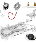 Dryer Heating Element Replacement Kit With Thermostat And Thermal Fuses For Kenmore Maytag Dryers DIY Friendly Install To Fix No Heat Not Drying Or Cycling Issues, shown with multiple components including a heating element and fuses.