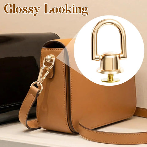 Premium Heavy Duty D Rings And Screws For Purses shiny gold metal rivet on a handbag strap with a sleek finish.