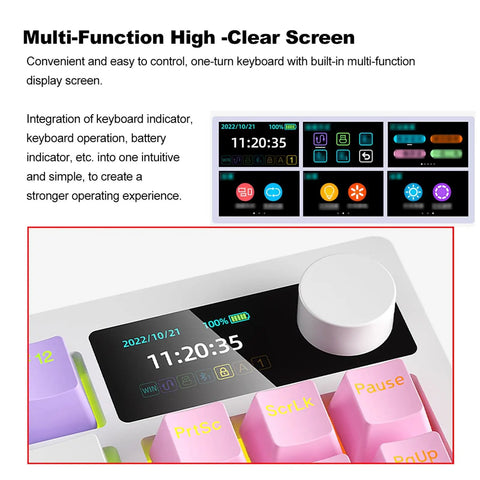 Kickass RGB Mechanical Keyboard With Hot Swappable Keys And Crisp White Switches For Gaming And Daily Grind featuring high-clear multifunction screen.