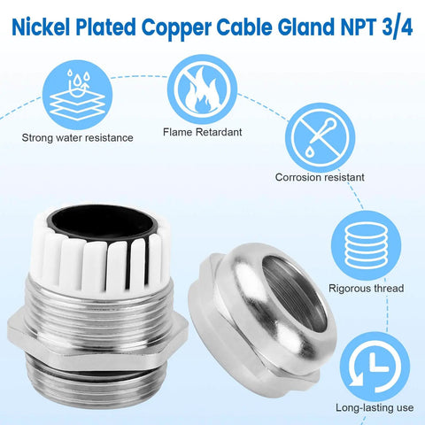 Heavy Duty Four Pack Nickel Plated Copper Waterproof Cable Glands IP68 Built To Last Adjustable Glands With Gaskets And Locknut