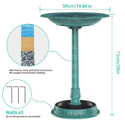 28 Inch Solar Powered Bird Bath With 3.5 Watt Fountain Kit And 8 Nozzles For Outdoor Backyard Garden Courtyard Weather Resistant Polyresin Pedestal Green Finish, showing pedestal and dimensions.