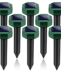 Eight Pack Solar Powered Ultrasonic Pest Deterrents For Lawn Yard Garden shown with green solar panels and black stakes