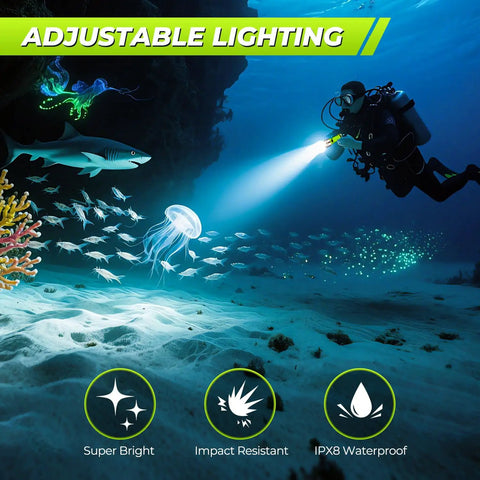 Underwater diver using Underwater Diving Flashlight LED Light 1500 Lumen With 3 Modes IPX8 Waterproof Rechargeable Torch in ocean