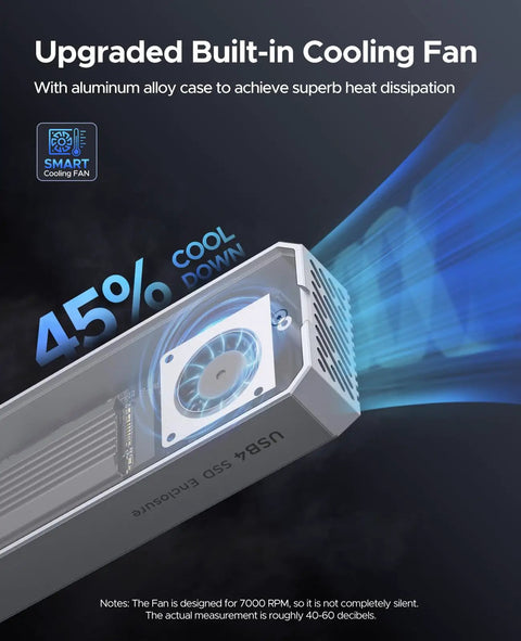 Blazing Fast M.2 NVMe SSD Enclosure With Aluminum Chassis And Stealth Cooling Fan features a built-in fan for efficient heat dissipation.