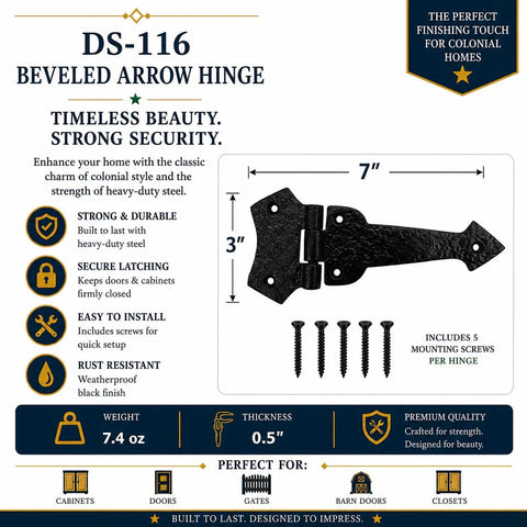 7 Inch Beveled Arrow Decorative Black Hinges For Doors Gates Cabinets Barn Closets Heavy Duty Cast Iron Hardware With Rust Resistant Finish Includes Mounting Screws And Easy Install diagram with screws