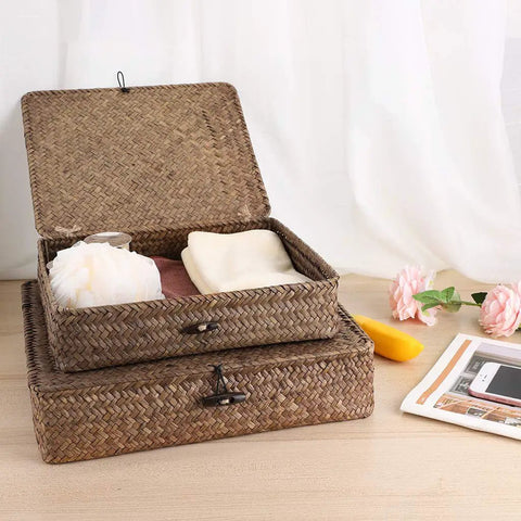 Set Of Two Handwoven Seagrass Storage Baskets With Lids Flat Wicker Organizer Boxes Perfect For Keeping Your Space Chill And Tidy Game Changer For Home Organization Closet Laundry Toy Sorting