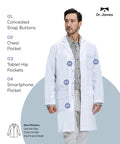 Man wearing a Premium Unisex Lab Coat With Phone And Tablet Pockets 39 Inch Classic Fit Snap Closure 100 Percent Cotton Comfort