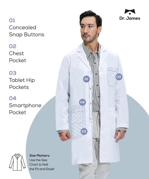 Man wearing a Premium Unisex Lab Coat With Phone And Tablet Pockets 39 Inch Classic Fit Snap Closure 100 Percent Cotton Comfort