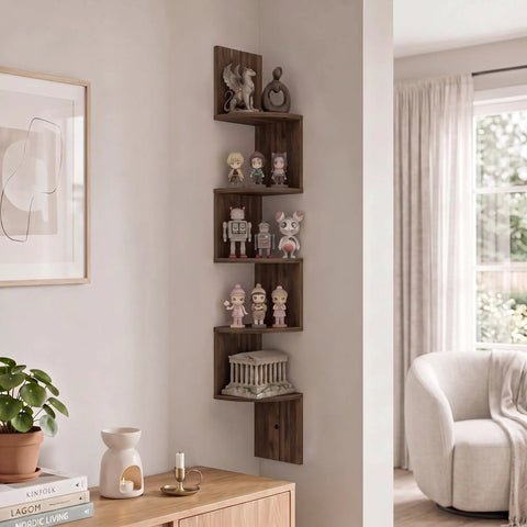 Total Game Changer Corner Wall Shelves Five Tier Floating Storage Rack With Trendy Zigzag Design Columbia Walnut Finish Ultimate Space Saver For Living Room Bedroom Bathroom Decor And Books