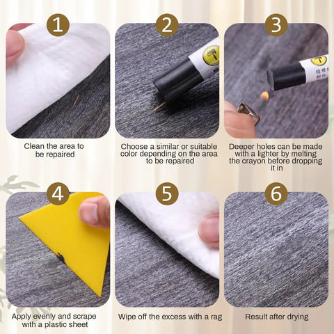 Step-by-step guide showing No Sweat Wood Filler Sticks For Fast Scratch Repair Wax Crayons for wood repair process.