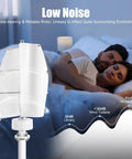 100W Vertical Axis Wind Turbine Kit With Controller And 2 Blades For Home Use, shown with low noise graph beside sleeping couple