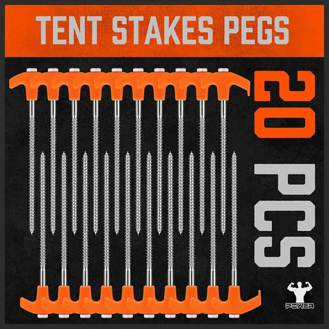 20 Pack 8 Inch Heavy Duty Tent Stakes Made From Galvanized Steel For Camping, Rust Resistant, displayed with orange tops