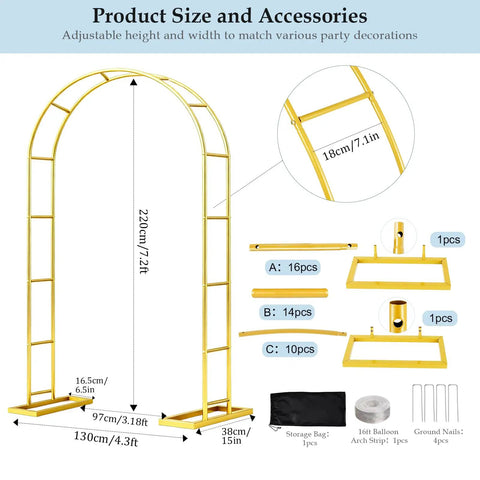 Diagram of Beefy 7 Point 2 Foot By 4 Point 3 Foot Balloon Arch Stand Made Of Metal Pergola Arbors with components and dimensions.