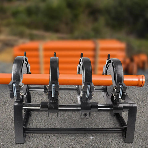 Manual Pipe Fusion Welder For 63 To 160 Mm Pipes Electric Butt Fusion Welder With Temperature Control Four Thick Clamping Rings Pro Grade Heavy Duty For PE PP PB PVDF HDPE PVC Joints Fast Clean Cuts And Solid Joints, orange pipe clamped