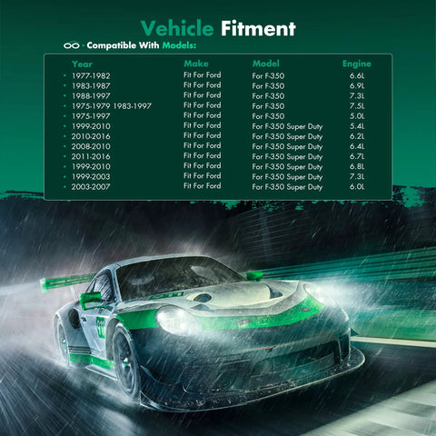 Racing car under rainfall with vehicle fitment chart for Ford models and years