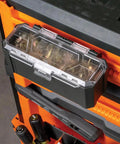 MODbox Parts Bin Rail Attachment For A Modular Tool Storage System Side Mount With One Handed Release And Clear Lid installed