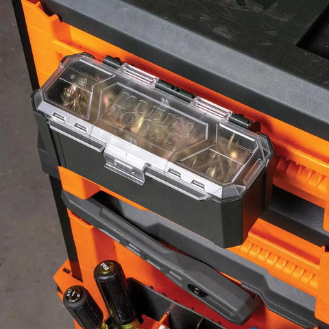 MODbox Parts Bin Rail Attachment For A Modular Tool Storage System Side Mount With One Handed Release And Clear Lid installed