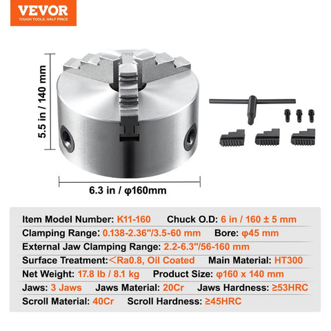 Tough As Nails 6 Inch 3 Jaw Lathe Chuck With Self Centering Quench Hardened HT300 Body And Reversible Steel Jaws Featuring T Key Wrench For CNC Mills And Garage Workbenches