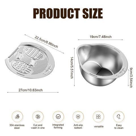 Stainless Steel Rice Strainer Colander With Side Drain, Grater Lid, Hanging Hole, and V-Shaped Bottom, 304 Grade Kitchen Bowl Dimensions