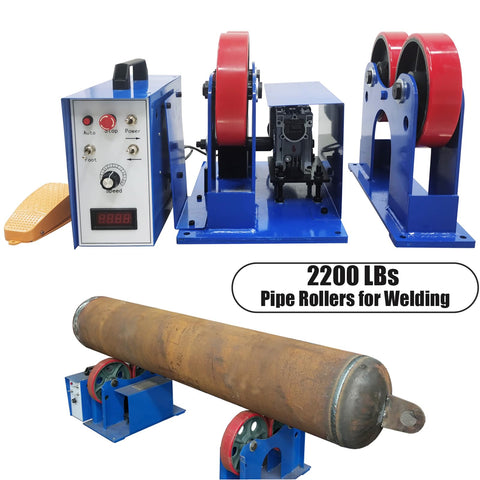 Honest Workhorse Heavy Duty Welding Positioner Featuring Slick Adjustable Speed And Top Shelf 2200 LB Load Capacity With Polyurethane Pipe Rollers For Dead Smooth Tank Rotation In Any No Stress Workshop Metal Project showing pipe rollers and control panel.