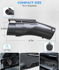 Vehicle To Load Adapter For Hyundai Ioniq 5 Ioniq 6 And Kia EV6 shown in compact size measuring 6.7in with NEMA 5-15 outlet.
