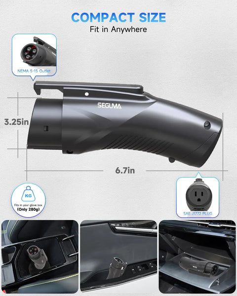 Vehicle To Load Adapter For Hyundai Ioniq 5 Ioniq 6 And Kia EV6 shown in compact size measuring 6.7in with NEMA 5-15 outlet.