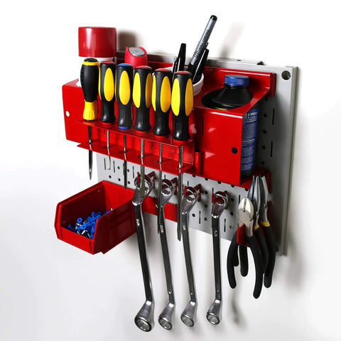 Modular Pegboard Wall Organizer Tiles Set DIY Friendly Four 12 Inch Tall By 16 Inch Wide Steel Peg Board Panels Galvanized Metal Storage Tiles Easy To Install Expandable Wall System That Accepts Round Pegs And Slotted Pegs with tools organized in red holders.