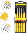 Six Piece Heavy Duty Steel Drive Punch Kit For Woodworkers And Mechanics Featuring Flat Chisel And Center Tips To Nail Drill Points On Metal Projects With Rust Proof Coating And Pro Tough Durability. 6pcs steel pin punch set, yellow handled, 1.5-8mm