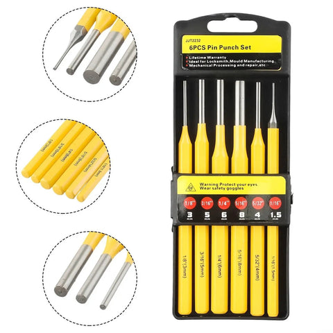 Six Piece Heavy Duty Steel Drive Punch Kit For Woodworkers And Mechanics Featuring Flat Chisel And Center Tips To Nail Drill Points On Metal Projects With Rust Proof Coating And Pro Tough Durability. 6pcs steel pin punch set, yellow handled, 1.5-8mm
