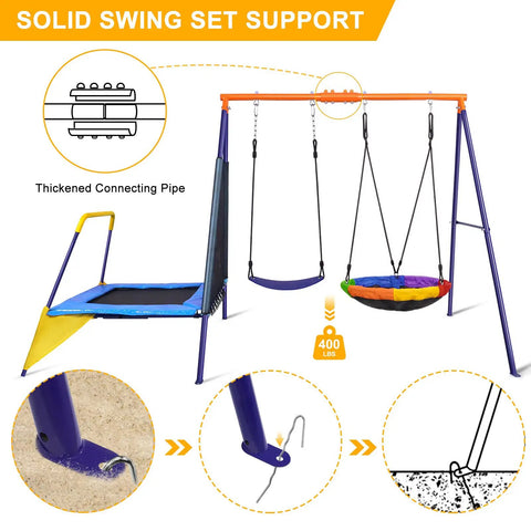 Backyard Swing Set With Trampoline For Kids And Adults, Heavy Duty A Frame, 440 Lb Capacity, Sturdy Steel and Components