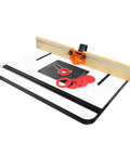 Dead Legit Mdf Router Table Featuring Hella Tough Fence Rock Solid Plate And Five Precision Inserts For Vibration Free Woodworking Sessions You Gonna Love With Heavy Duty Laminate Top And No Sweat Build Quality, showing MDF surface and red inserts.