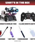 Skibidi Toilet Officially Licensed Parasite Disabler Tank RC Car With Cameraman Figure and accessories including remote control, charger, battery, screwdriver, and bottle.