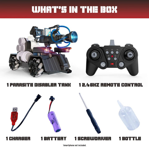 Skibidi Toilet Officially Licensed Parasite Disabler Tank RC Car With Cameraman Figure and accessories including remote control, charger, battery, screwdriver, and bottle.
