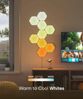 Shapes Triangles And Mini Triangles Smart RGBW LED Wall Lights Kit With WiFi And Thread Dimmable Ambience in a living room setup
