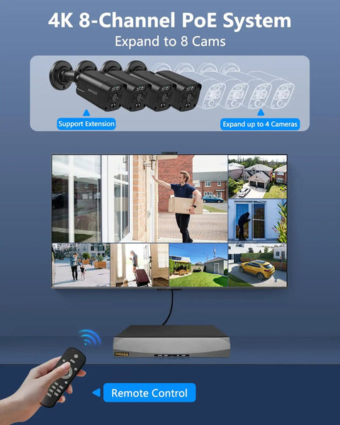 4K Ultra HD Security Camera System With 8.0 MP Sensors, Remote Control and Monitor Displaying Multi-Camera Setup