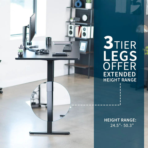 Vivo Black Standing Desk 71 By 36 Inches Electric Height Adjustable Sit Stand Workstation with 3-tier legs for height range 24.5-50.3 inches.