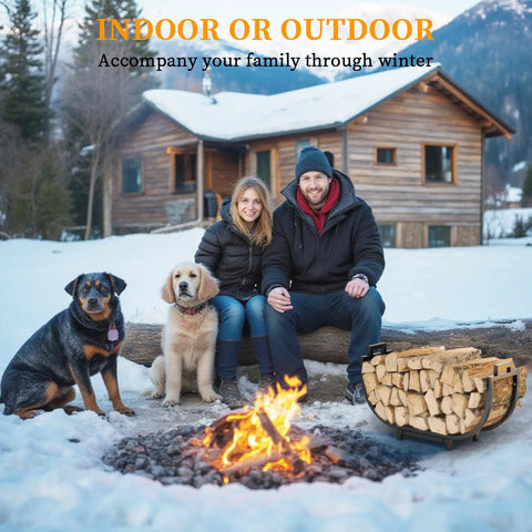 24 Inch Indoor Firewood Rack With Carrier near outdoor fire, couple seated with dogs, wooden cabin in the background