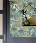 Green Floral Peel And Stick Wallpaper Vinyl Roll 17.7 Inch By 393.7 Inch Vintage Botanical Contact Paper For Bathroom Bedroom Cabinets Backsplash Durable Easy Install No Fuss No Mess. Shows a decorative wall scene with floral graphic.