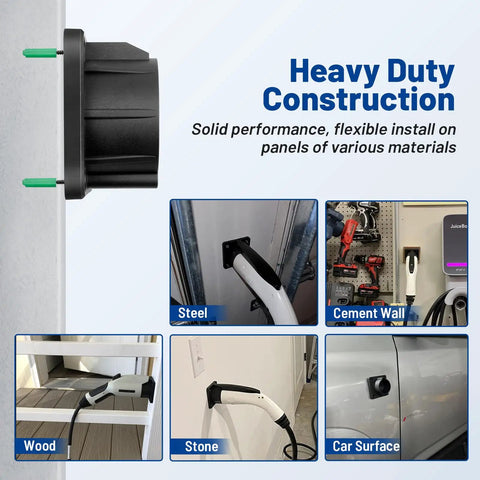 Built Tough SAE J1772 EV Charger Holder And Nozzle Holster Dock Wall Mount for various surfaces like steel, wood, cement.