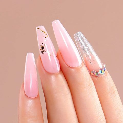 HEMA Free Builder Gel Kit With 6 Colors 15ml Each For Nail Extensions showcasing pink and glittery nail designs with embellishments.