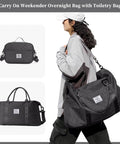 Woman carrying Travel Duffel Bag For Women With Weekender Style, Carry On Friendly, Includes Separate Toiletry Bag And Adjustable Strap.