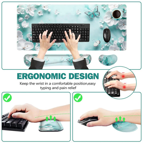 Dope Large 4 In 1 Mouse Pad Desk Pad Set With Keyboard And Mouse Wrist Rests XXL 35 By 15 Inch Non Slip Base Stitched Edges Teal Butterfly Design Includes Cup Coaster For Home Office, shown from above with hands on keyboard and mouse.