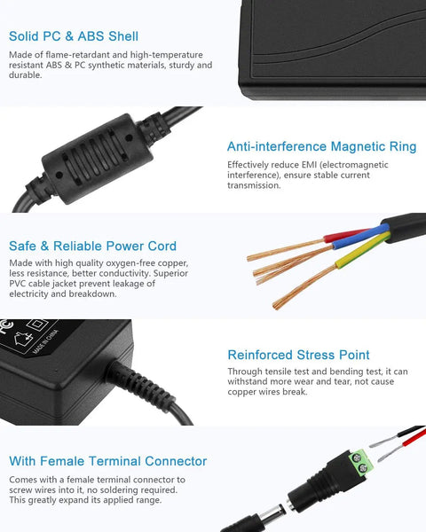 24V 3A 72W AC To DC Power Supply For LED Strips 5050 3528 And CCTV Cameras featuring components and connectors