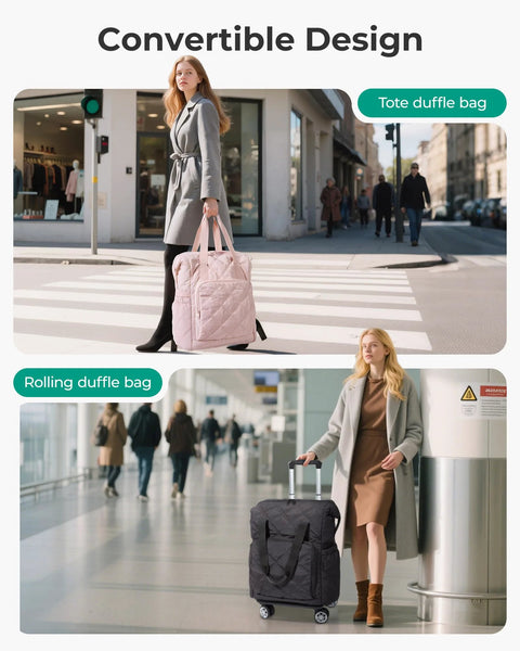 Rolling Duffle Bag With Wheels 35L Carry On Travel Bag shown as tote and hand truck in urban setting and airport context