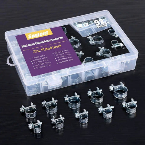 92 Piece Zinc Plated Mini Fuel Injection Line Style Hose Clamp Set 10 Sizes Perfect For Auto Farm Plant And Construction Jobs Pro Grade Heavy Duty Rust Resistant Clips For A Tight Fit displayed in a transparent case with clamps arranged in front