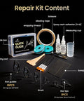 All-In-One Pro-Grade Fishing Rod Repair Kit With 8 Double-Foot Guides And 9 Tip Sizes, epoxy glue, tape, and brushes shown