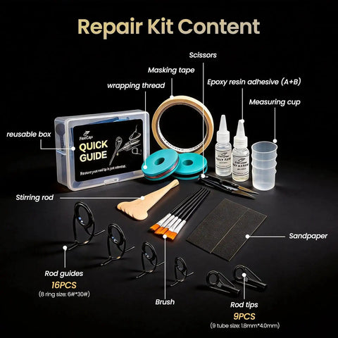 All-In-One Pro-Grade Fishing Rod Repair Kit With 8 Double-Foot Guides And 9 Tip Sizes, epoxy glue, tape, and brushes shown