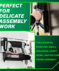 Lightweight 23 Gauge Headless Pin Nailer For Cabinets Trim And Crafting Slick Pro Grade Pneumatic Nailer With Auto Pin Length Adjustment From Five Eighths Inch To One And Three Eighths Inch Makes Invisible Holes Two Pound Tool in use